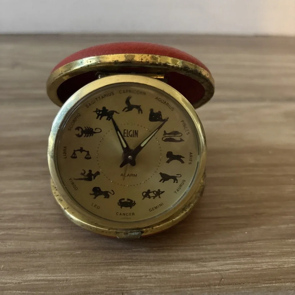 Rare Vintage Red ELGIN Zodiac Clock Pocket Watch Travel Alarm Japan- Not Working